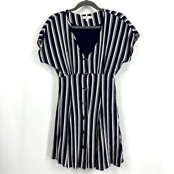 Bp Nordstrom Women’s XXS Button Front Prairie Mini Dress Navy Stripped Nautical - Picture 2 of 14